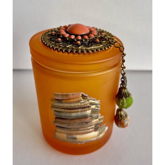 Orange Glass Jar Books Jewel Encrusted Lid Ball Tassle Vanity Jar Jeweled Orange - Picture 6 of 10